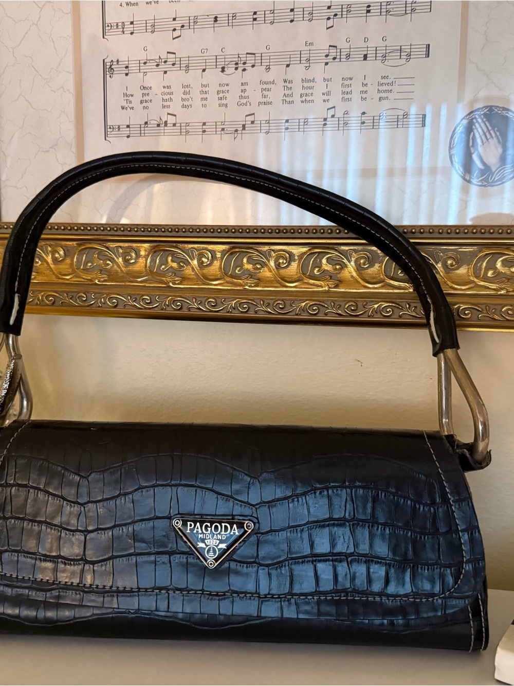 Pagoda Black Croc-Embossed Shoulder Bag